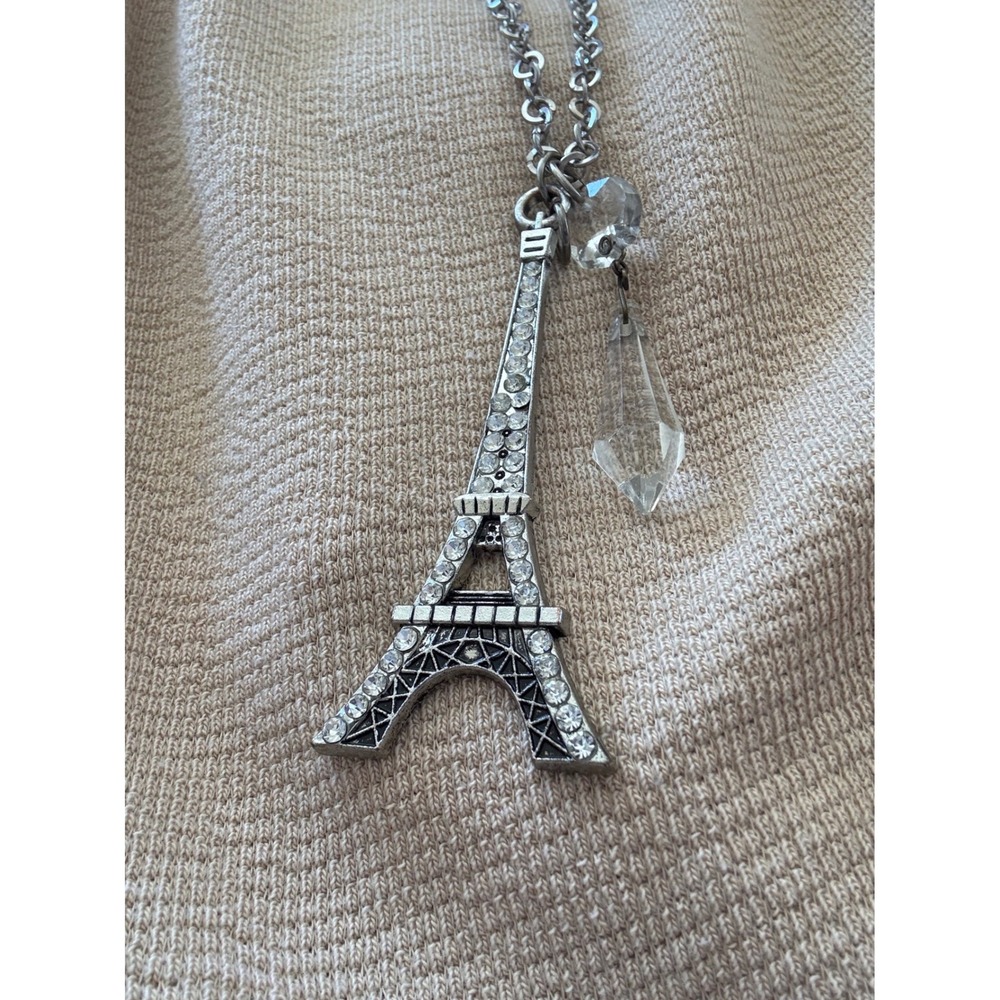 Silver tone Eiffel Tower Rhinestone Pendant‎ 38" Necklace with VTG Crystal Drop